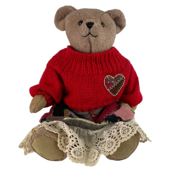 Unmarked Other - Vintage 17" Brown Felted Teddy Bear w/Red Sweater & Patchwork Skirt Country Farm